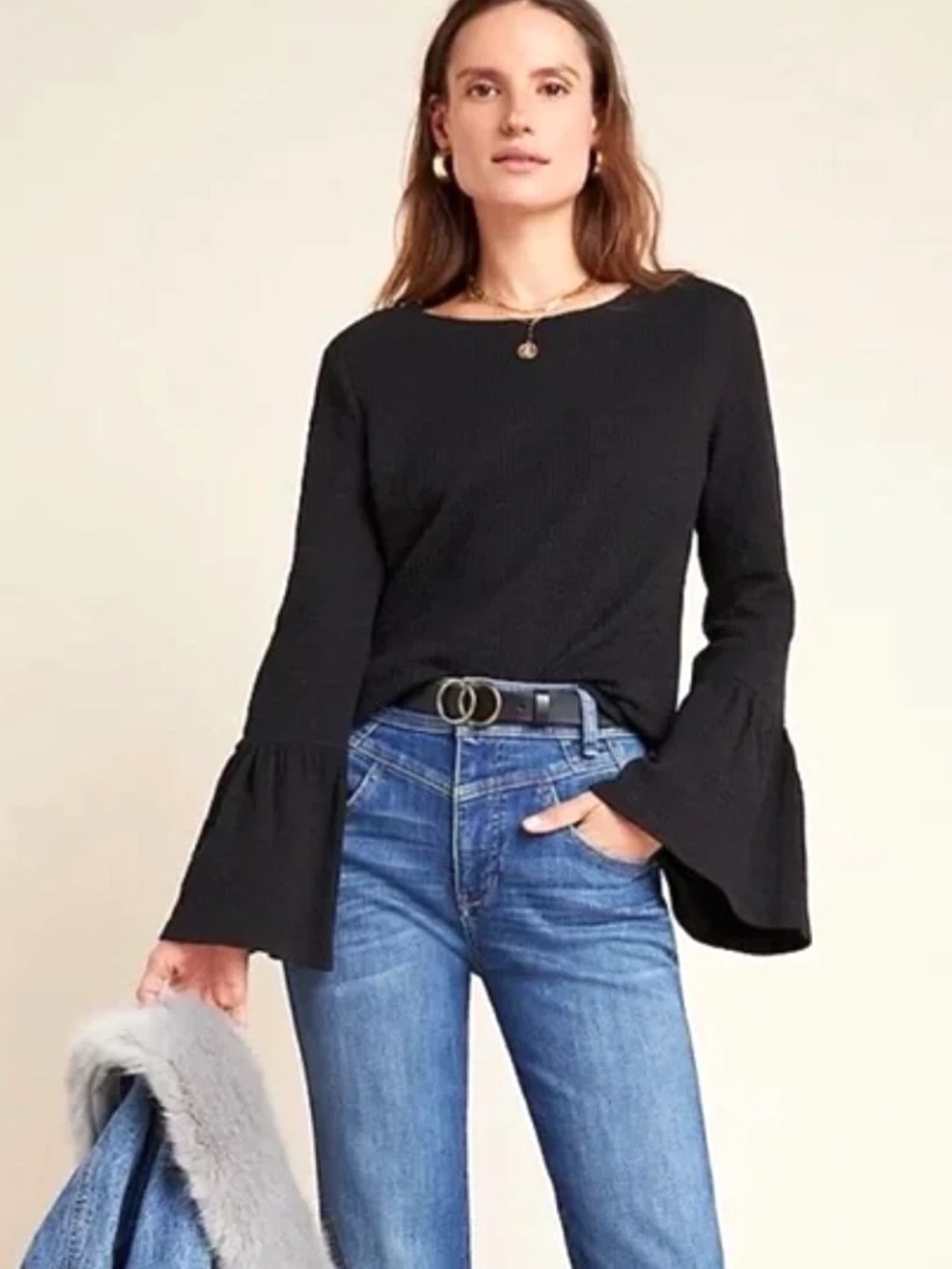 Anthropology Porridge Black Bell-Sleeve Long-Sleeve Top